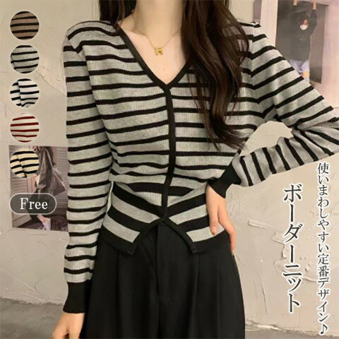 ボーダー柄ニットトップスVネックス...