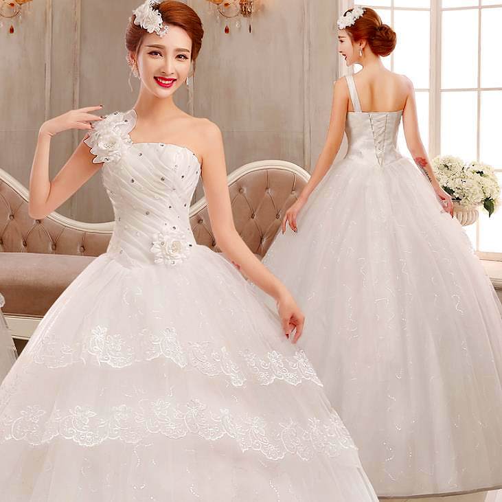 【送料無料】ウェディングドレス ロングドレス 編み上げタイプ シングル肩 ビスチェ 花嫁 妊婦【大きいサイズ レディース ミニ ボレロ 二次会 ミモレ丈 エンパイア 下着 マーメイド カラー パニエ dress】