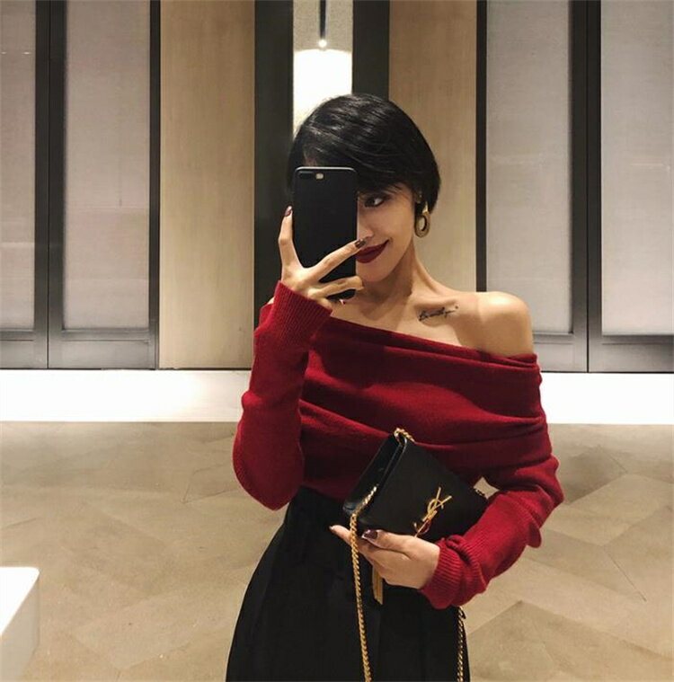 トップスニット長袖オフショルダー肩...