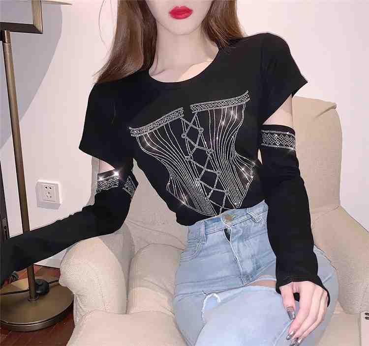 INSスタイル ピカピカ パーマドリル デザインセンス 透かし彫り 長袖 Tシャツ【大きいサイズ レディー..