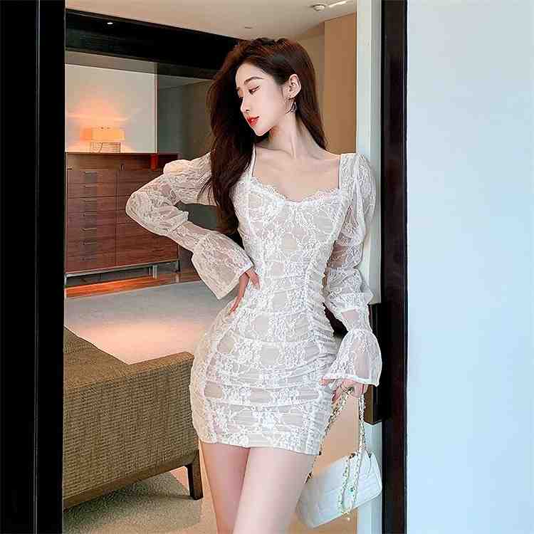 【送料無料】ワンピース タイトスカート スクエアネック レース パフスリーブ【大きいサイズ レディース 秋冬 結婚式 きれいめ タイト フォーマル 大人 上品 チュニック one-piece】