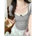 Tシャツ トップス かわいい レディース 韓国ファッション リボン レース【大きいサイズ レディース 春夏 チュニック フォーマル オフィス ボウタイ シフォン シャツ インナー blouse】(4)