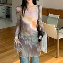 ロングシャツ 韓国 レディース 暈し染め シャツ シースル ゆったり レトロ きれいめ【大きいサイズ レディース 夏秋 チュニック フォーマル オフィス ボウタイ シフォン シャツ インナー blouse】(4)