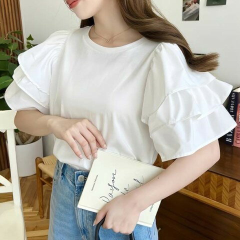 半袖Tシャツ 韓国 レディース フリルスリーブ トップス おしゃれ 綺麗め【大きいサイズ レディース 無地 シャツ チュニック 冬春 tシャツ ゆったり uv shirt】