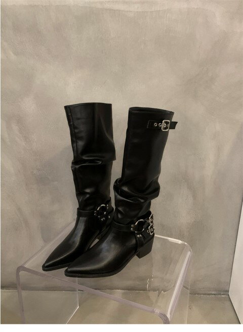 ロングブーツ カウボーイブーツ 中ヒール 太いヒール ポインテッドトゥ レディースシューズ【大きいサイズ レディース 雪道 サイドゴア ヒール ロング 美脚 エンジニアブーツ ブーティ 秋冬 boots】