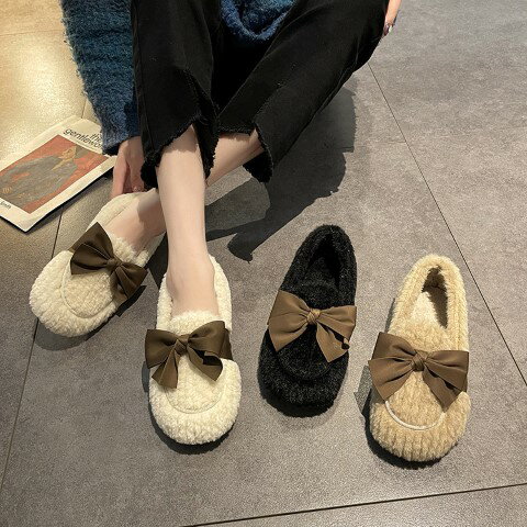 シングルシューズ おしゃれ 可愛い モコモコ 裏起毛 蝶結び 平底 【大きいサイズ レディース 疲れない スニーカー ブーツ パンプス 靴 ジュニア shoes】