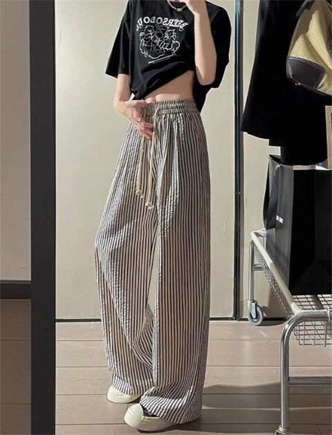 ロングパンツ ワイドパンツ ストライプ柄 ウエスト伸縮性あり シンプル カジュアル レディース【大きいサイズ レディース 秋冬 下着 ボトムス ストレート スキニー ショーツ pants】