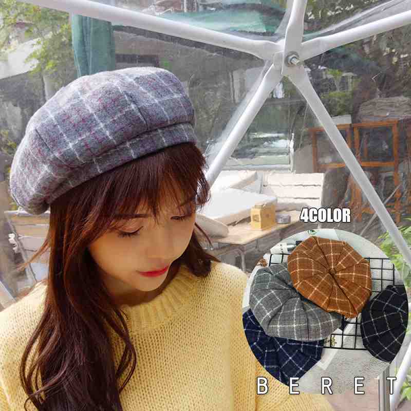 帽子 レディース チェック柄 暖かい 大人 おしゃれ かぼちゃベレー【レディース 秋冬 ニット キャップ ..