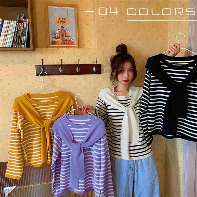 ボーダー柄 ニットトップス レディース 長袖 ニットセーター ショール付き お洒落 ゆるニット【大きい..