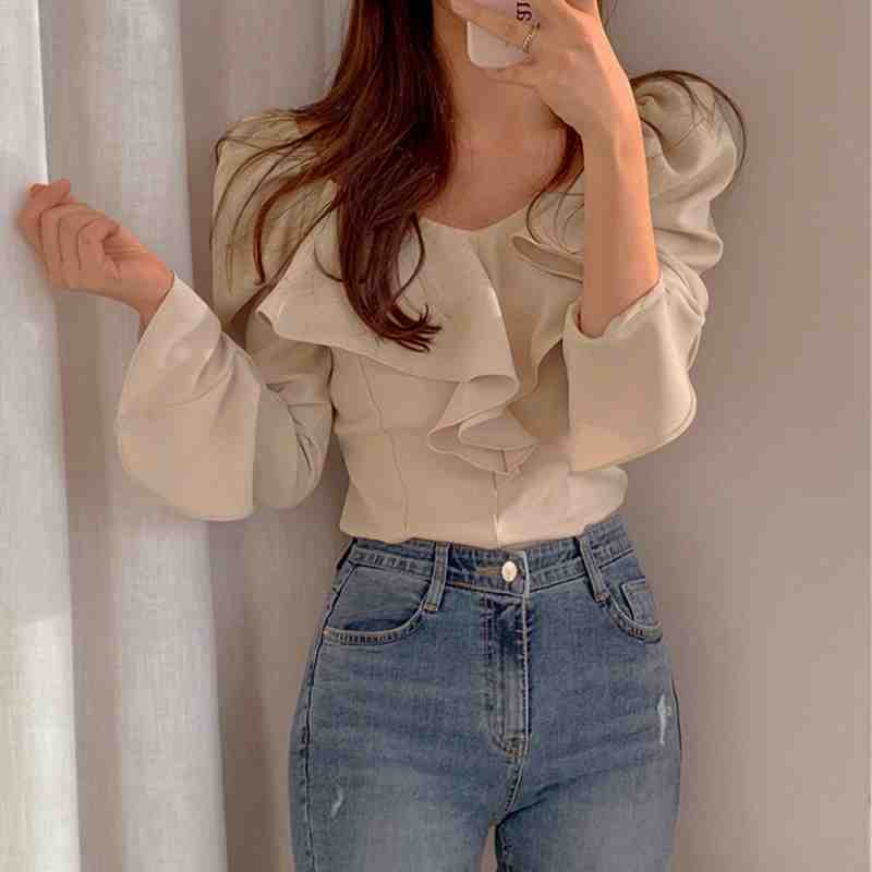 韓国ファッション 長袖ブラウス フリル襟【大きいサイズ レディース 夏秋 チュニック フォーマル オフィス ボウタイ シフォン シャツ インナー blouse】