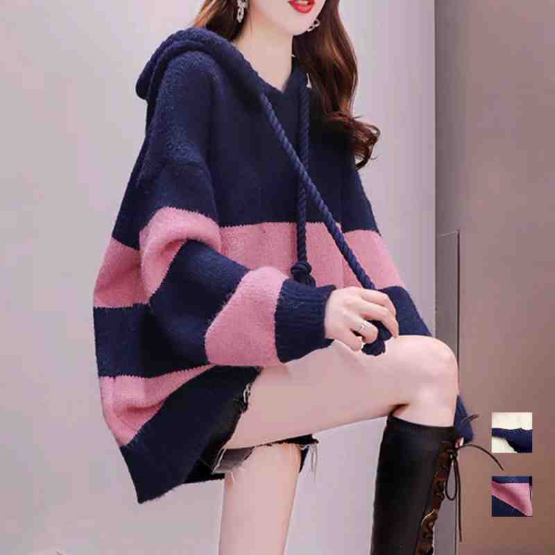 ニットパーカー ボーダー柄レディース韓国【大きいサイズ レディース パーカー 無地 秋冬 チュニック 薄手 スウェット シャツ ブラウス pullover parker】