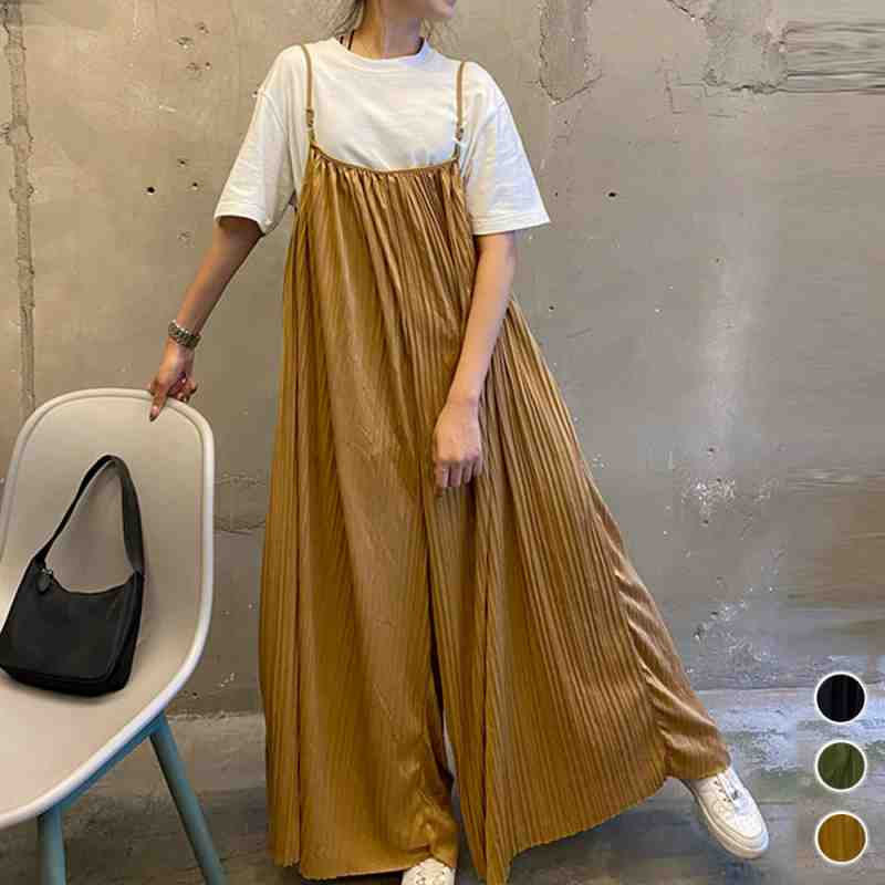 プリーツ キャミサロペット ロングパンツ【大きいサイズ レディース 秋冬 下着 ボトムス ストレート スキニー ショーツ pants】