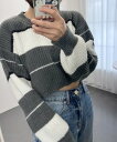 ニットトップス ショート丈 編みニット セーター 長袖 ボーダー柄 クルーネック プルオーバー 【大きいサイズ レディース 平干し ニット ニットセーター vネ...