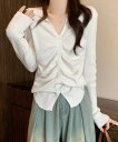 フロントギャザーニットトップス Vネック タイトニット 無地 シンプル カジュアル かわいい 【大きいサイズ レディース 平干し ニット ニットセーター vネック ドルマン カーディガン knit sweater】(4)