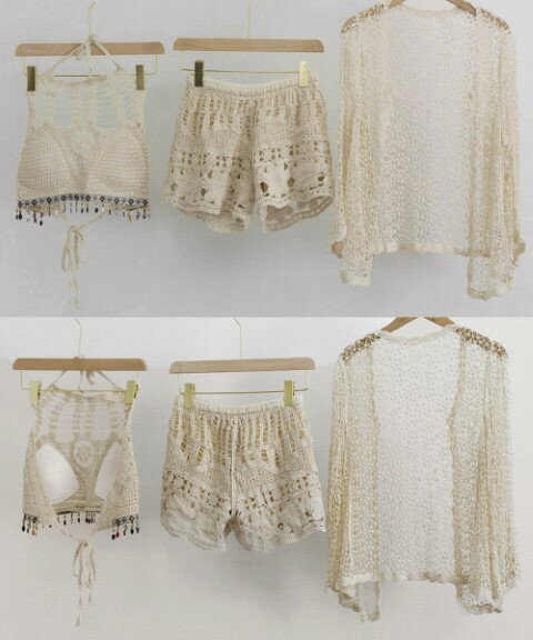 ニット水着セット ボヘミアン クロシェ編み タンキニ かぎ編み セパレート水着 リゾート かわいい 大人水着 レディース水着【大きいサイズ レディース 体型カバー フィットネス ワンピース ショートパンツ タンキニ ビキニ mizugi】