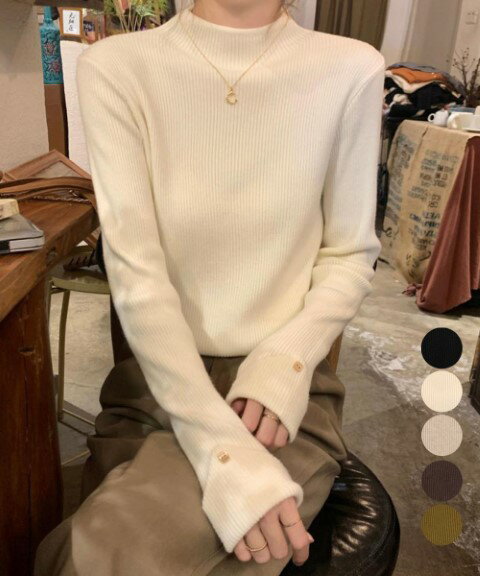 プチハイネック ニットトップス 袖口ボタン きれいめ オフィスカジュアル シンプル カジュアル【大きいサイズ レディース 夏秋 きれいめ 可愛い かわいい チュニック tops】