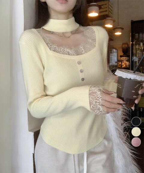 トップス ニット 薄手 長袖 チョーカー風 リブニット シンプル カジュアル レディース【大きいサイズ ..