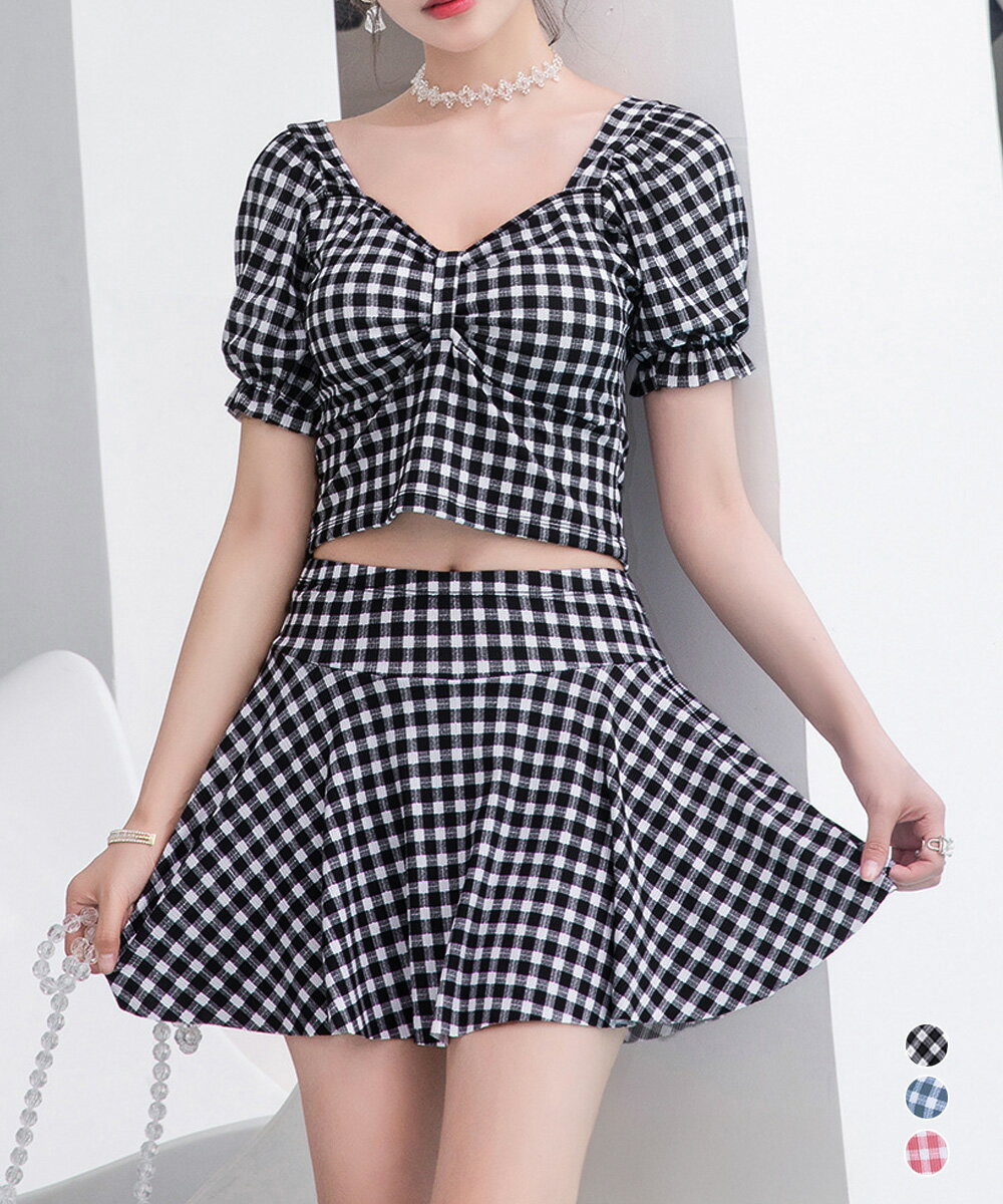 レディース水着 上下セット ワンピース水着 スカート水着 チェック柄 パフスリーブ シンプル 半袖 フリル かわいい 露出控えめ【大きいサイズ レディース 秋冬 結婚式 きれいめ タイト フォーマル 大人 上品 チュニック one-piece】
