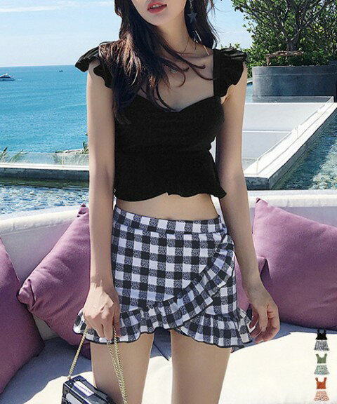水着2点セット タンキニ セパレート水着 フリル ギンガムチェック柄 ビスチェ水着 かわいい レディース【大きいサイズ レディース 体型カバー フィットネス ワンピース ショートパンツ タンキニ ビキニ mizugi】