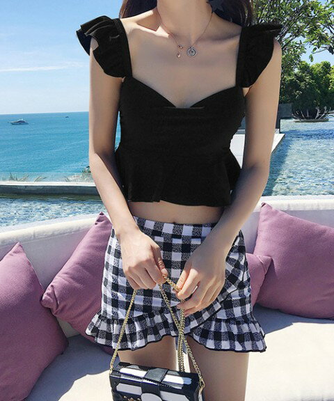水着2点セット タンキニ セパレート水着 フリル ギンガムチェック柄 ビスチェ水着 かわいい レディース【大きいサイズ レディース 体型カバー フィットネス ワンピース ショートパンツ タンキニ ビキニ mizugi】