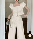 トップス ワイドパンツ 上下セット セットアップ 半袖 パフスリーブ スクエアネック デート服フェミニン【大きいサイズ レディース 夏秋 下着 ボトムス ストレート スキニー ショーツ pants】