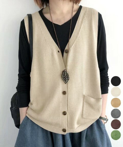 トップス ニットベスト ノースリーブ チョッキ 羽織 前開き 重ね着 無地 シンプル カジュアル レディー..