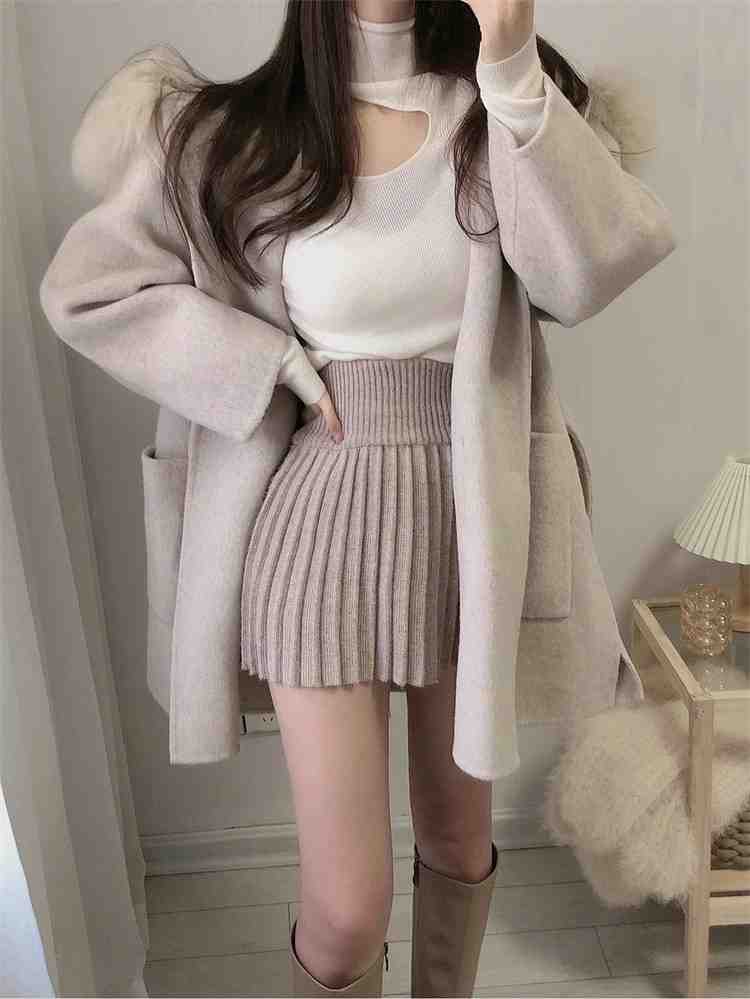 【送料無料】大人キレイ セット 両面ウールコート ミニスカート 厚手 コットン ニット ロング丈【大きいサイズ レディース 秋冬 フレア スウェット パンツ レ...