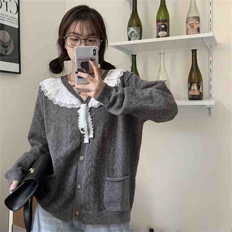 【送料無料】カジュアル ニット レース 襟 レトロ 可愛い カーディガン【大きいサイズ レディース ニット ロング カーデガン 薄手 カーデ コーディガン アンサンブル 夏秋 上着 cardigan Bolero】