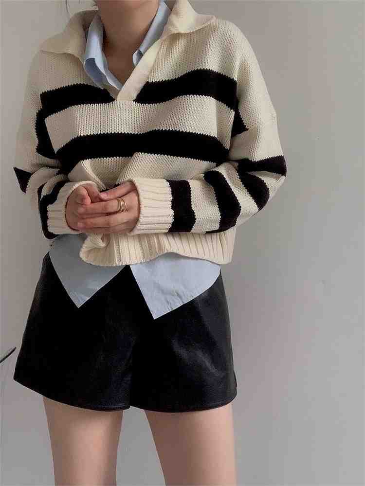 ラペル ニットトップス ショート丈 セーター ボーダー 長袖【大きいサイズ レディース 平干し ニット ..