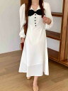 ロングワンピース パフスリーブ リボン ロングスカート かわいい系 Vネック【大きいサイズ レディース 夏秋 フレア スウェット パンツ レギンス スカーチョ スキニー レギンス ミモレ丈 skirt】