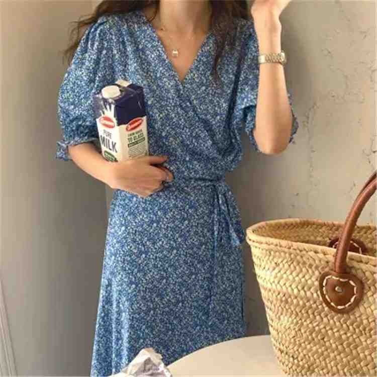 エレガント レトロ 花柄 ロング丈 Vネック パフスリーブ ワンピース【大きいサイズ レディース 春夏 結婚式 きれいめ タイト フォーマル 大人 上品 チュニック one-piece】