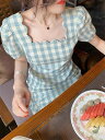 かわいい系 半袖 ロングスカート スクエアネック ワンピース レトロ ギンガムチェック【大きいサイズ レディース 夏秋 結婚式 きれいめ タイト フォーマル 大人 上品 チュニック one-piece】