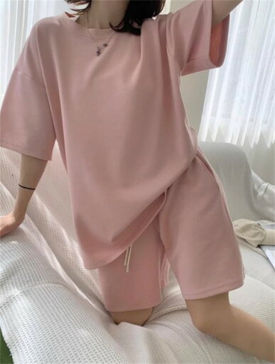 上下セット 2点セット ショートパンツ+トップス 半袖 スポーツウェア シンプル カジュアル 部屋着【大きいサイズ レディース ニット 上下セット set スウェット スエット sweat ルームウェア ジャージ 夏秋 setup】 上下セット 2点セット ショートパンツ+トップス 半袖 スポーツウェア シンプル カジュアル 部屋着【大きいサイズ レディース ニット 上下セット set スウェット スエット sweat ルームウェア ジャージ 夏秋 setup】