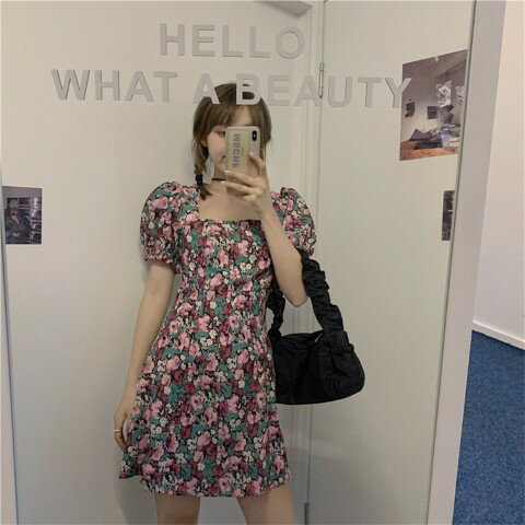 花柄パフスリーブ薄手ハイウエストワ...