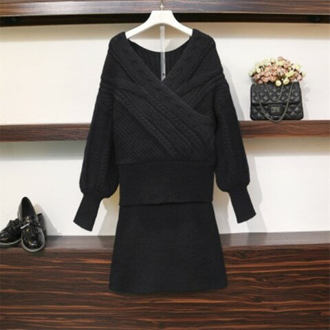 ニットトップス スリム セーター ミニスカート 2点セット【大きいサイズ レディース 平干し ニット ニ..