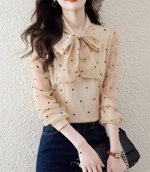 レーヨン トップス ドット柄 シフォンブラウス レースアップ【大きいサイズ レディース 夏秋 チュニック フォーマル オフィス ボウタイ シフォン シャツ インナー blouse】