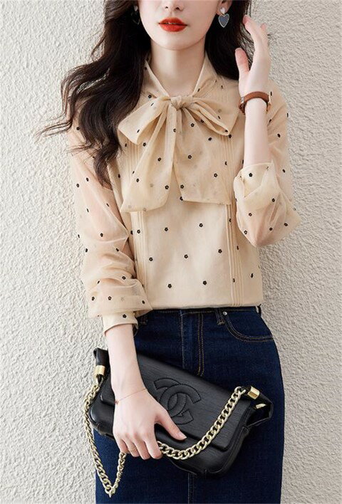 レーヨン トップス ドット柄 シフォンブラウス レースアップ【大きいサイズ レディース 夏秋 チュニック フォーマル オフィス ボウタイ シフォン シャツ インナー blouse】