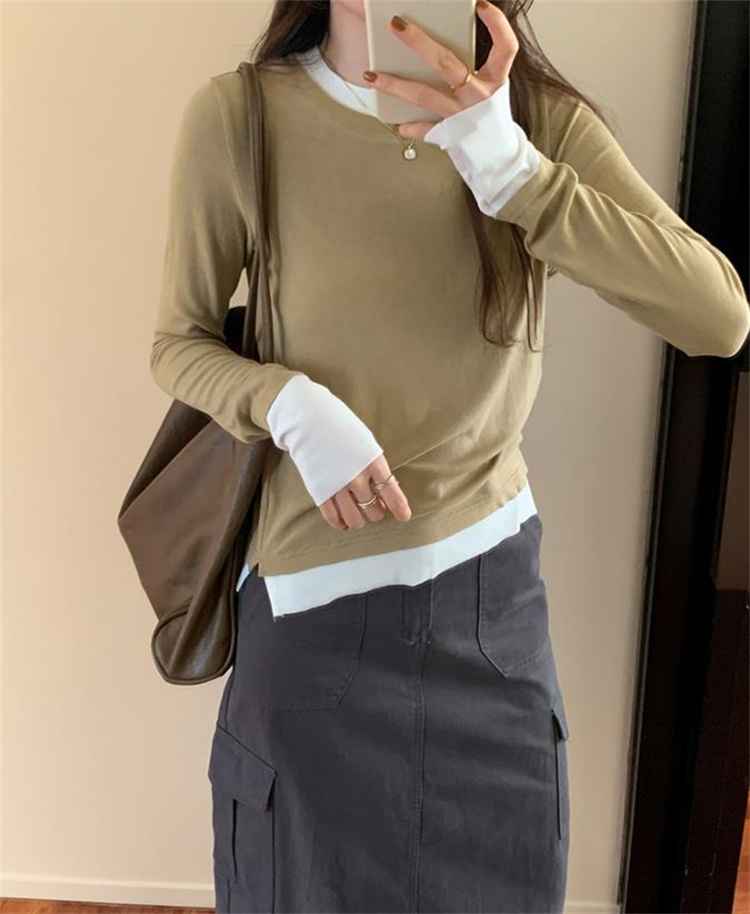 トップス 長袖 重ね着風 オフィスカジュアル きれいめ スリム 【大きいサイズ レディース 秋冬 きれいめ 可愛い かわいい チュニック tops】