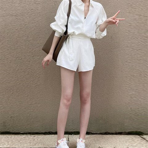 上下セット シャツ+ショートパンツ ブラウス シンプル カジュアル 無地 かわいい お出かけ【大きいサイズ レディース ニット 上下セット set スウェット スエット sweat ルームウェア ジャージ 春夏 setup】