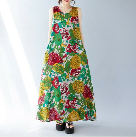 ロングワンピース ノースリーブワンピース 袖なし 花柄 マキシ丈 シンプル カジュアル リゾート風 レディース【大きいサイズ レディース 春夏 結婚式 きれいめ タイト フォーマル 大人 上品 チュニック one-piece】