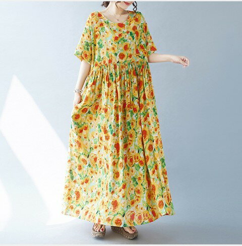 ロングワンピース 半袖 シンプル カジュアル 花柄ワンピース マキシ丈 ゆったり レディース【大きいサイズ レディース 春夏 結婚式 きれいめ タイト フォーマル 大人 上品 チュニック one-piece】