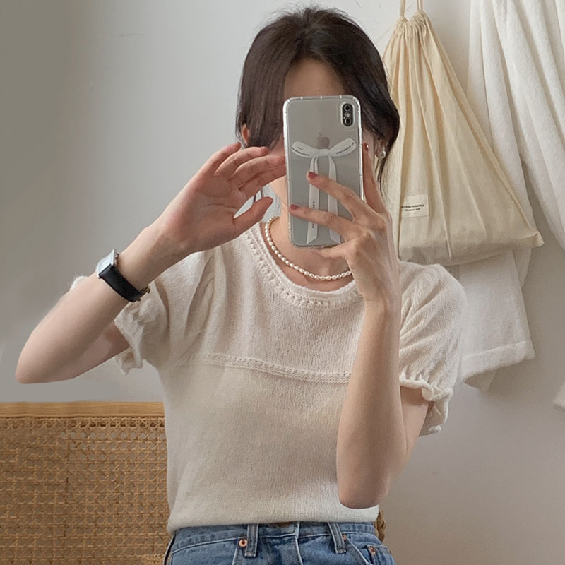 ゆったり 透かし彫り ニット生地 ラウンドネック ミニ丈Tシャツ ポロシャツ【大きいサイズ レディース 春夏 チュニック フォーマル オフィス ボウタイ シフォン シャツ インナー blouse】