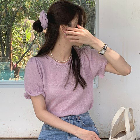 ゆったり 透かし彫り ニット生地 ラウンドネック ミニ丈Tシャツ ポロシャツ【大きいサイズ レディース 春夏 チュニック フォーマル オフィス ボウタイ シフォン シャツ インナー blouse】