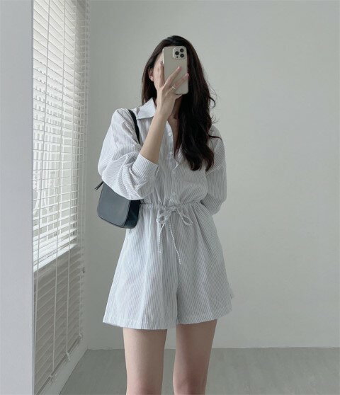 レーシング 折り襟 ストライプ柄 オールインワン サロペット【大きいサイズ レディース 春夏 スカート パンツ ガウチョ ドレス サロペット ロンパース all-in-one】