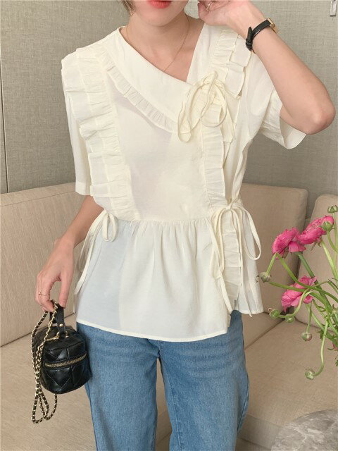 ゆったり リボン レーシング 折り襟 シャツ ブラウス【大きいサイズ レディース 秋冬 チュニック フォ..