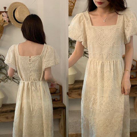 スウィートパフスリーブ ラウンドネック ロングワンピース【大きいサイズ レディース 春夏 結婚式 きれいめ タイト フォーマル 大人 上品 チュニック one-piece】