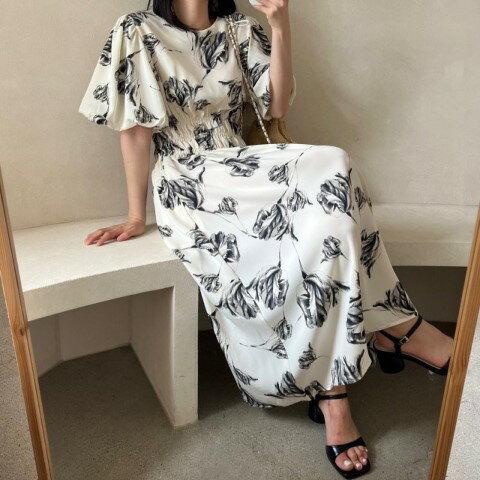 韓国風 シンプス プリント パフスリーブ ロング カジュアル ワンピース【大きいサイズ レディース 夏秋 結婚式 きれいめ タイト フォーマル 大人 上品 チュニック one-piece】 韓国風 シンプス プリント パフスリーブ ロング カジュアル ワンピース【大きいサイズ レディース 夏秋 結婚式 きれいめ タイト フォーマル 大人 上品 チュニック one-piece】