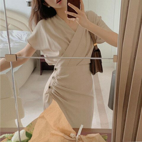 韓国ファッション Vネック スリット ボタン カジュアル ワンピース【大きいサイズ レディース 夏秋 結婚式 きれいめ タイト フォーマル 大人 上品 チュニック one-piece】 韓国ファッション Vネック スリット ボタン カジュアル ワンピース【大きいサイズ レディース 夏秋 結婚式 きれいめ タイト フォーマル 大人 上品 チュニック one-piece】