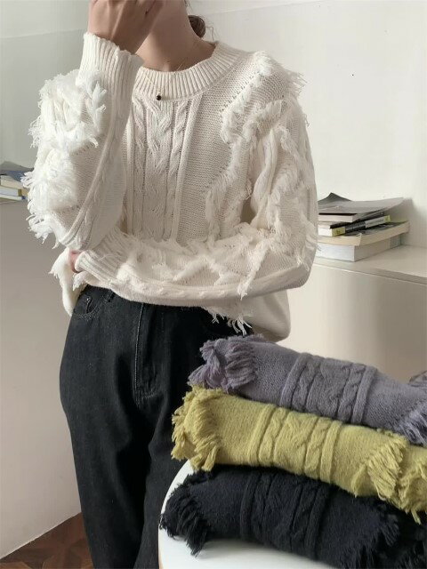 カジュアル レトロ ニット生地 タッセル プルオーバー セーター カットソー【大きいサイズ レディース ..