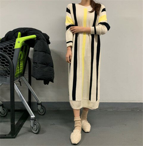 カジュアル レトロ ストライプ柄 ニット生地 ラウンドネック ロング ニットワンピース【大きいサイズ レディース 春夏 結婚式 きれいめ タイト フォーマル 大人 上品 チュニック one-piece】